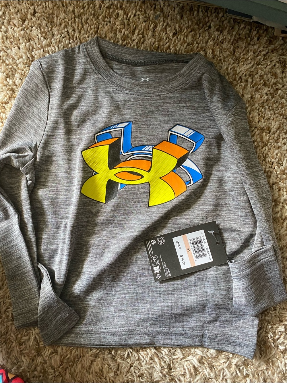 Under Armour Gray Long-Sleeve Tee with Yellow & Blue Logo Graphic